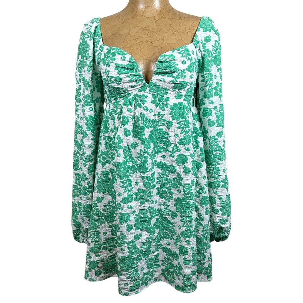 Green White Floral Jacquard Mini Dress Small NWT Spring Long sleeve Coquette